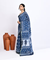 Indigo Pure Dabu Floral Buta Handblock Printed  Sico Chanderi Saree